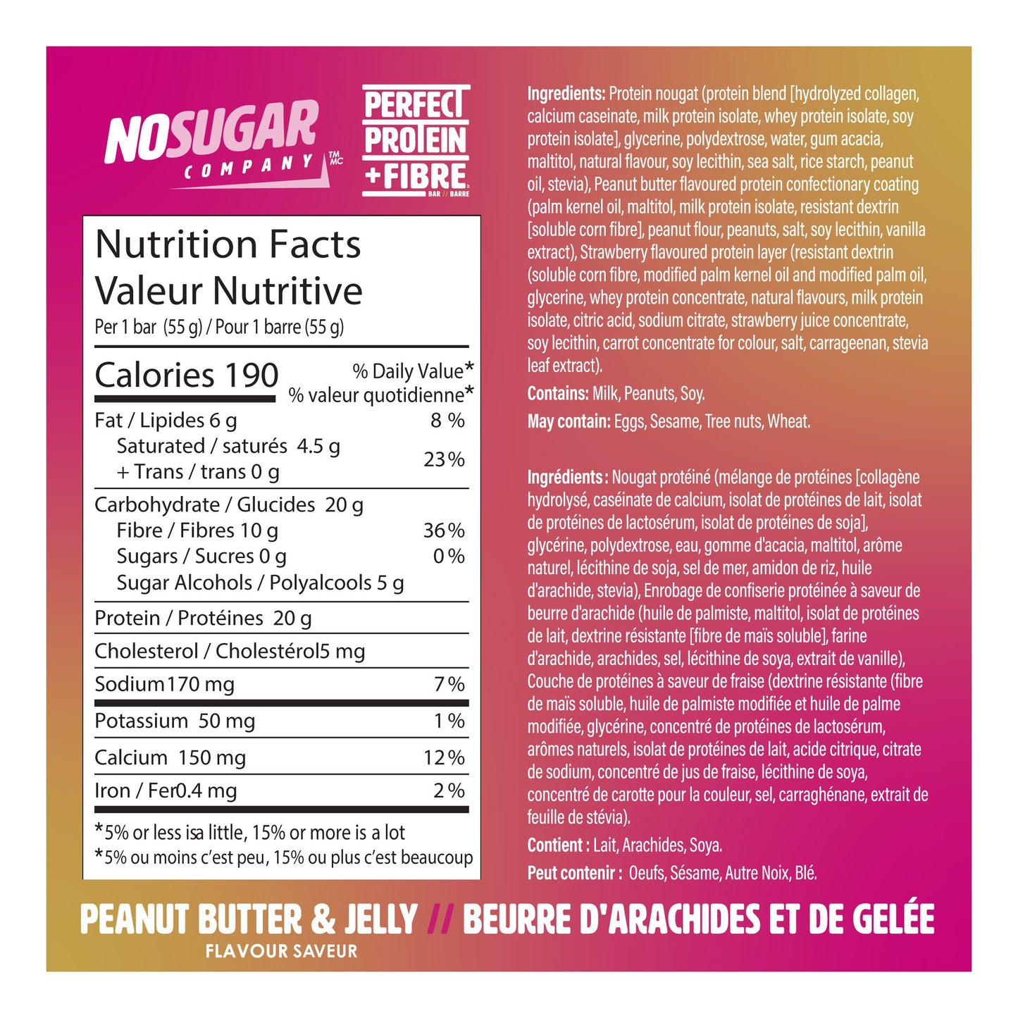 No Sugar Perfect Protein + Fibre Bars, Peanut Butter & Jelly Flavour, 28 × 55 g