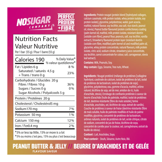 No Sugar Perfect Protein + Fibre Bars, Peanut Butter & Jelly Flavour, 28 × 55 g