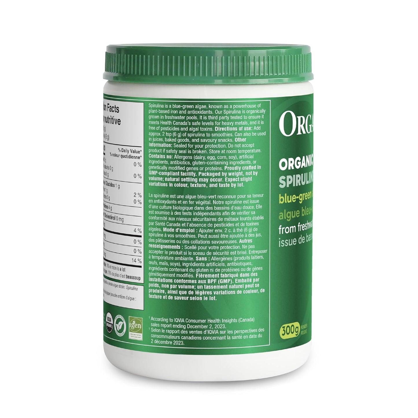 Organika Organic Spirulina Powder, 3 Bottles of 300 g